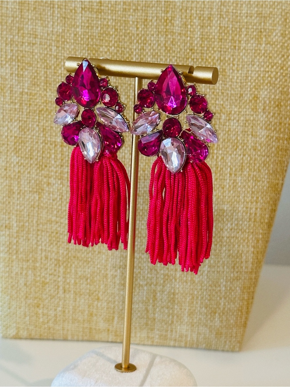 Fashion Jewelry Hot Pink Tassel Crystal Drop Earrings
